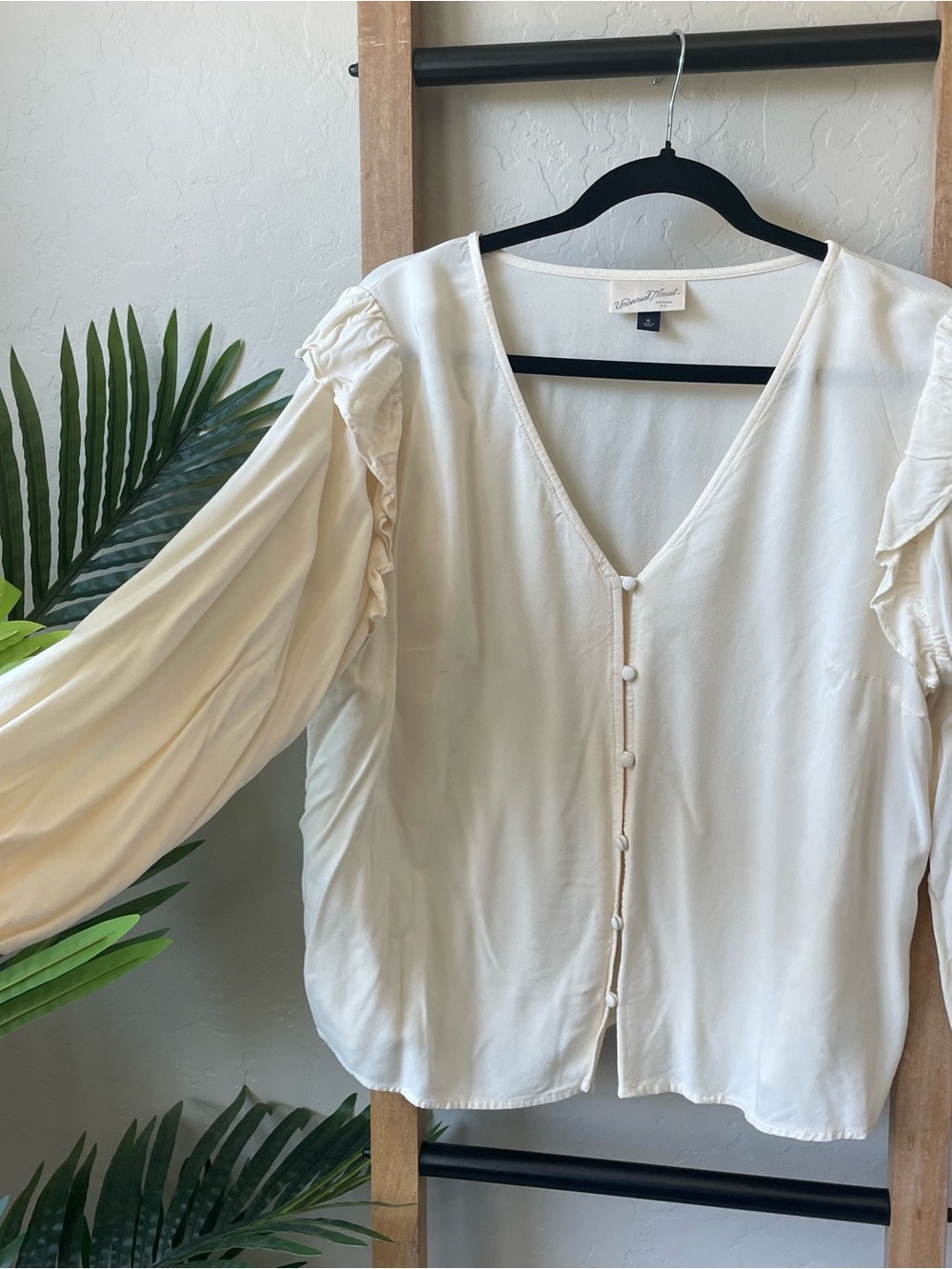 Universal Threads Soft Cream V-Neck Ruffle Button-Front Top - Picture 2 of 4